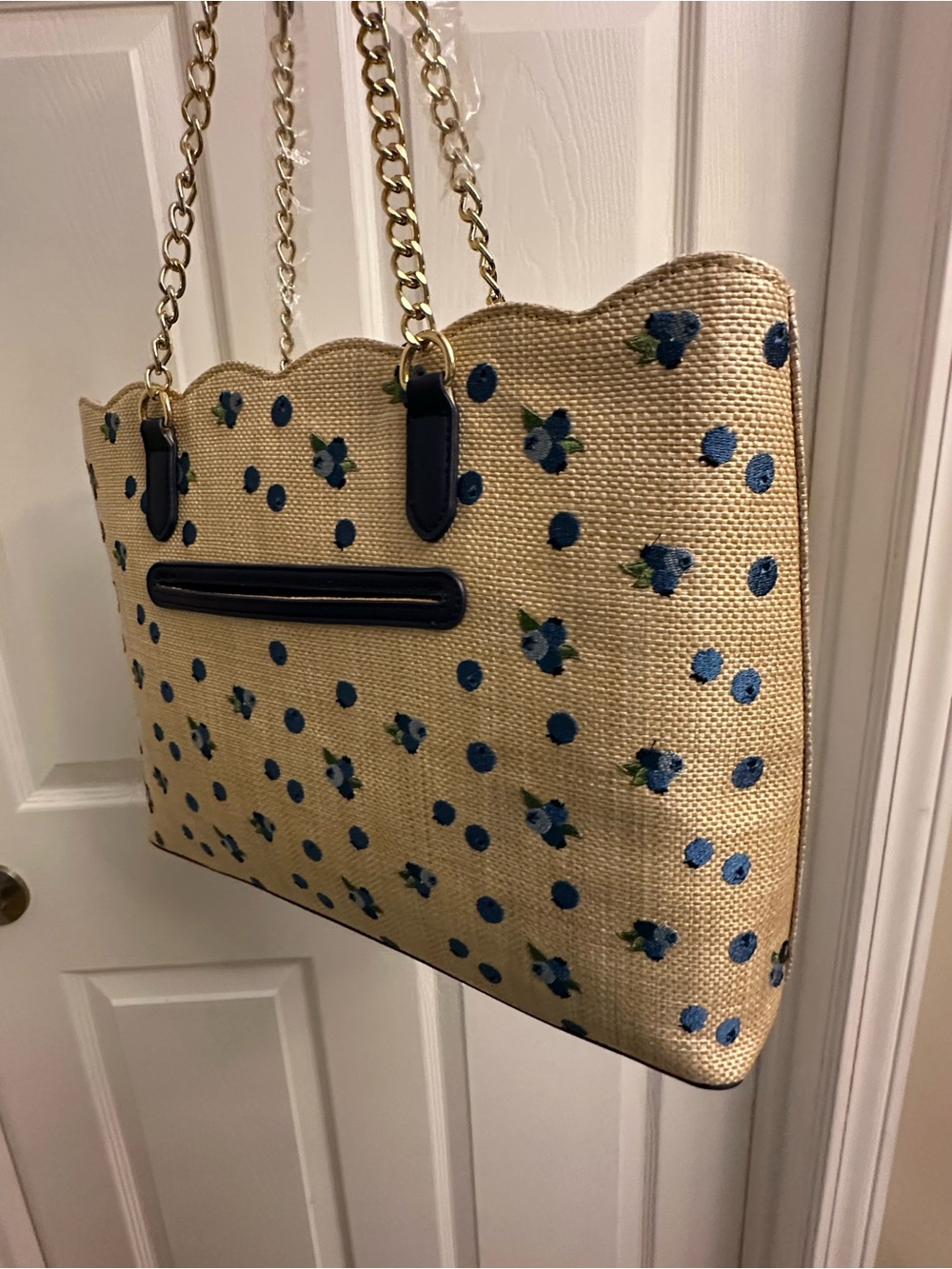 Betsey Johnson Tan Tote with Blue Floral Dots Design & Blue Pom Charm & Scarf - Picture 3 of 16